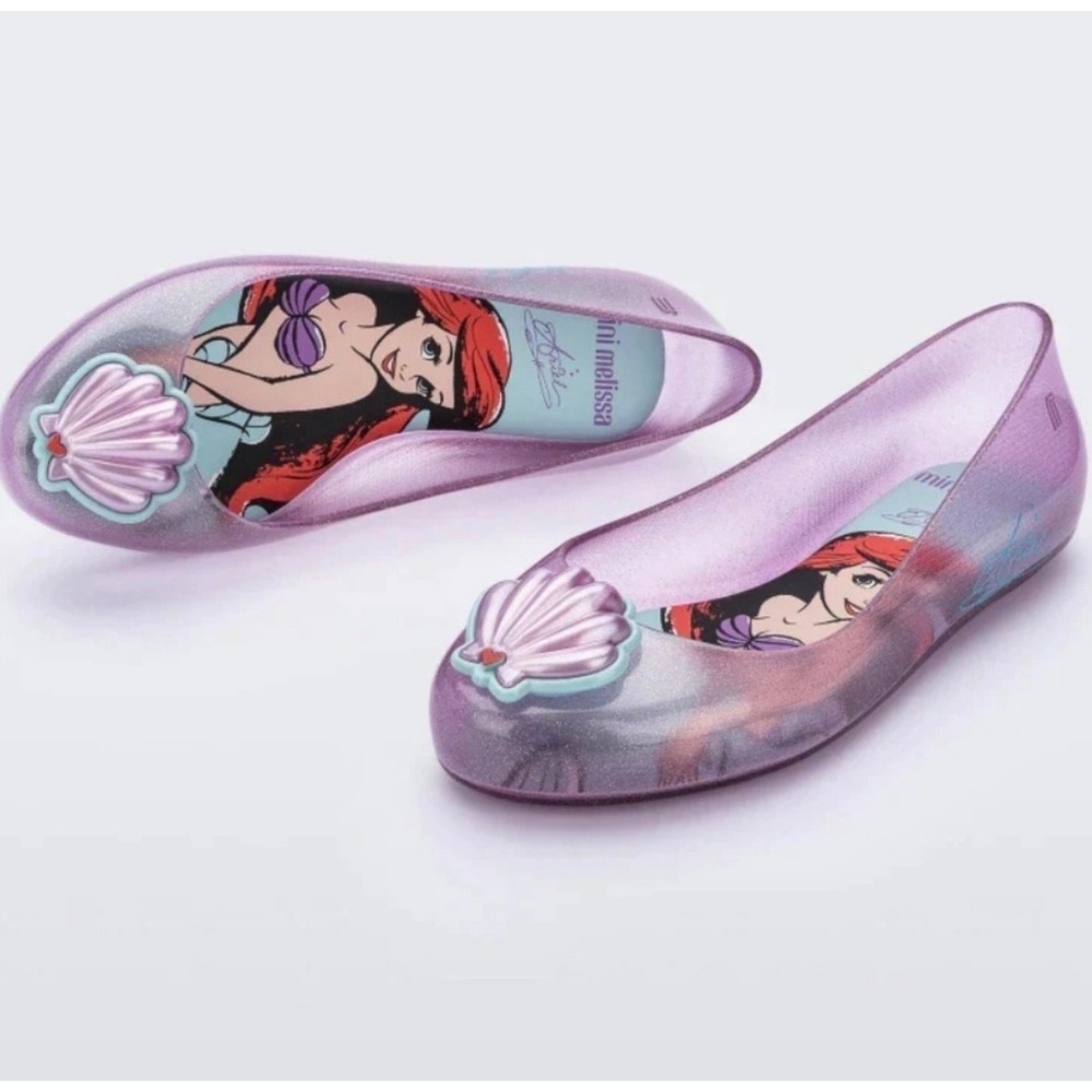 Mini Melissa Ariel Disney Flats Kids Size 1 Purple Glitter Shell Shoes EUC